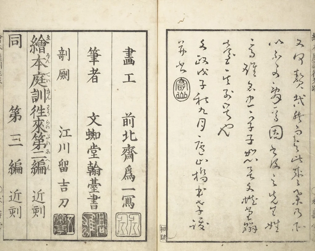 An illustration from A Picture Book on the Communication of Home Precepts part I (Ehon teikin ōrai shohen 絵本庭訓往来初編), 1828, leaf 34