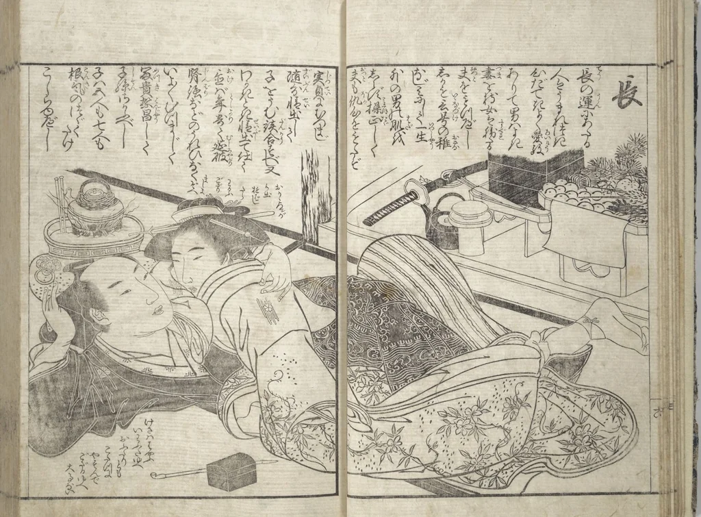 An illustration from Erotica; Compendium Guide to the Brothels of Osaka (Keiryaku ōzassho gyokumon taisei), 1770, leaf 10