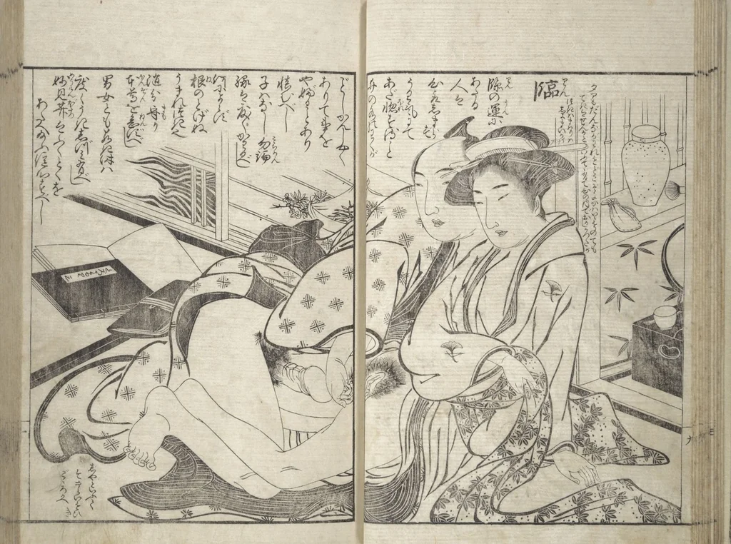 An illustration from Erotica; Compendium Guide to the Brothels of Osaka (Keiryaku ōzassho gyokumon taisei), 1770, leaf 13