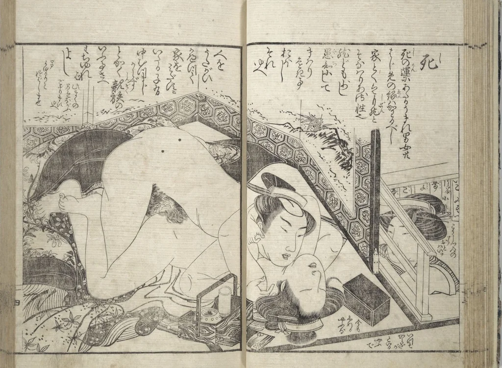 An illustration from Erotica; Compendium Guide to the Brothels of Osaka (Keiryaku ōzassho gyokumon taisei), 1770, leaf 17