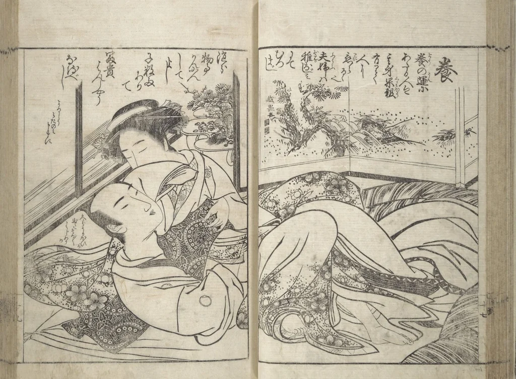 An illustration from Erotica; Compendium Guide to the Brothels of Osaka (Keiryaku ōzassho gyokumon taisei), 1770, leaf 21