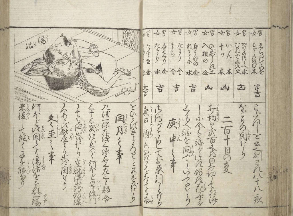 An illustration from Erotica; Compendium Guide to the Brothels of Osaka (Keiryaku ōzassho gyokumon taisei), 1770, leaf 24