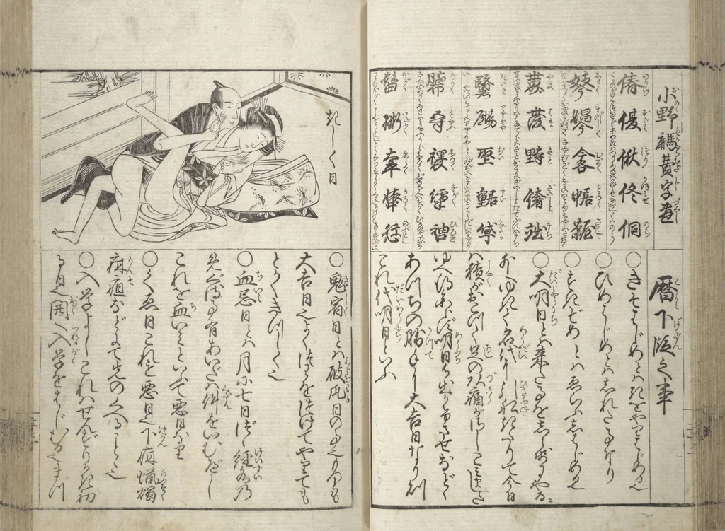 An illustration from Erotica; Compendium Guide to the Brothels of Osaka (Keiryaku ōzassho gyokumon taisei), 1770, leaf 25