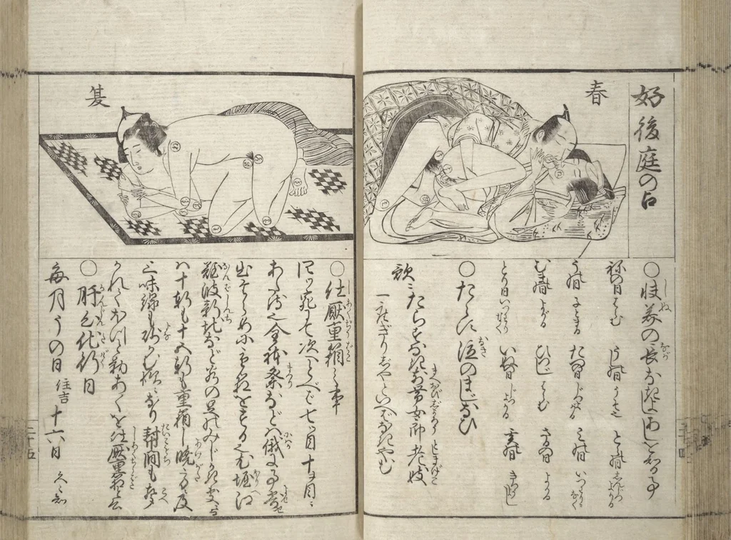 An illustration from Erotica; Compendium Guide to the Brothels of Osaka (Keiryaku ōzassho gyokumon taisei), 1770, leaf 27