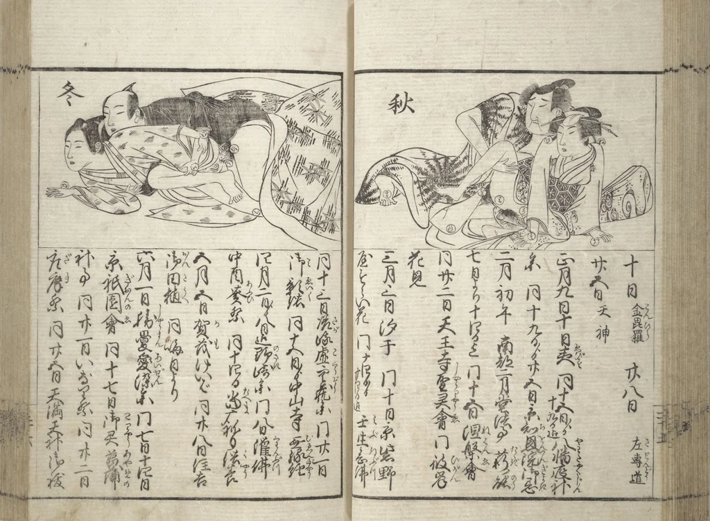 An illustration from Erotica; Compendium Guide to the Brothels of Osaka (Keiryaku ōzassho gyokumon taisei), 1770, leaf 28