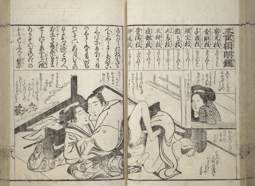 An illustration from Erotica; Compendium Guide to the Brothels of Osaka (Keiryaku ōzassho gyokumon taisei), 1770, leaf 30