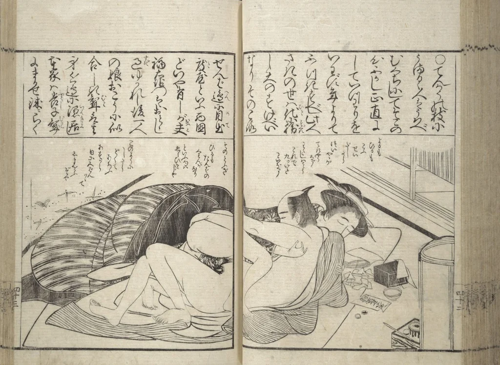 An illustration from Erotica; Compendium Guide to the Brothels of Osaka (Keiryaku ōzassho gyokumon taisei), 1770, leaf 45