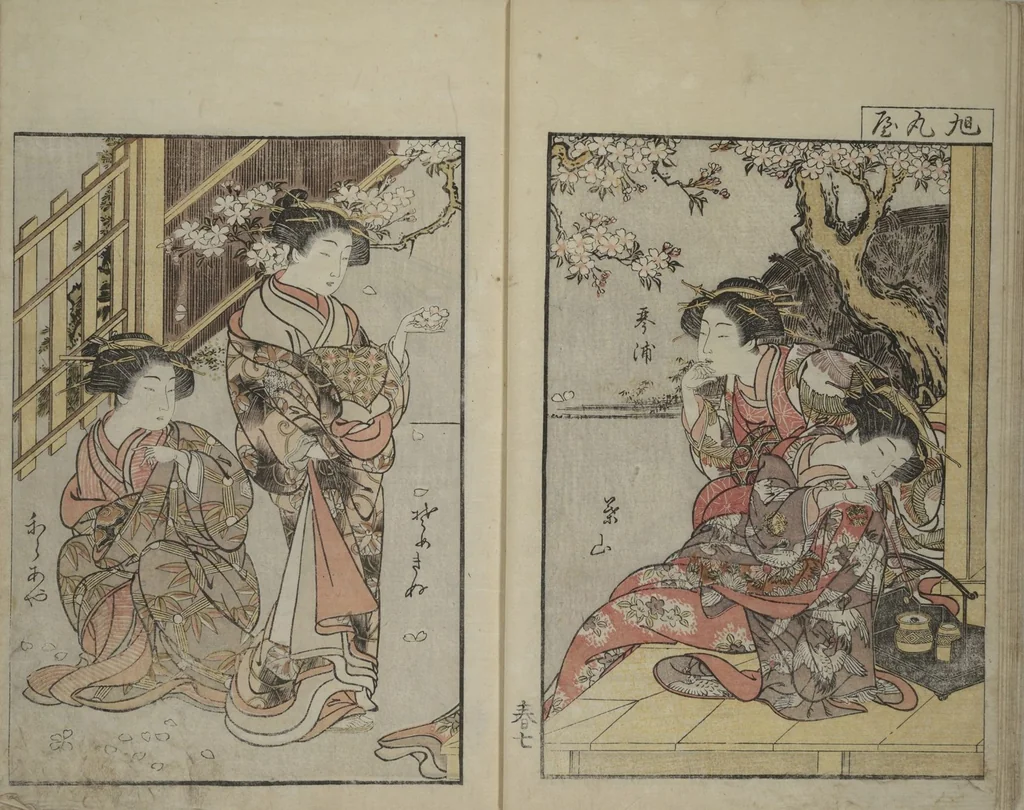 An illustration from Mirror of Yoshiwara Beauties (Seirō bijin awase sugata kagami), 1776, leaf 13