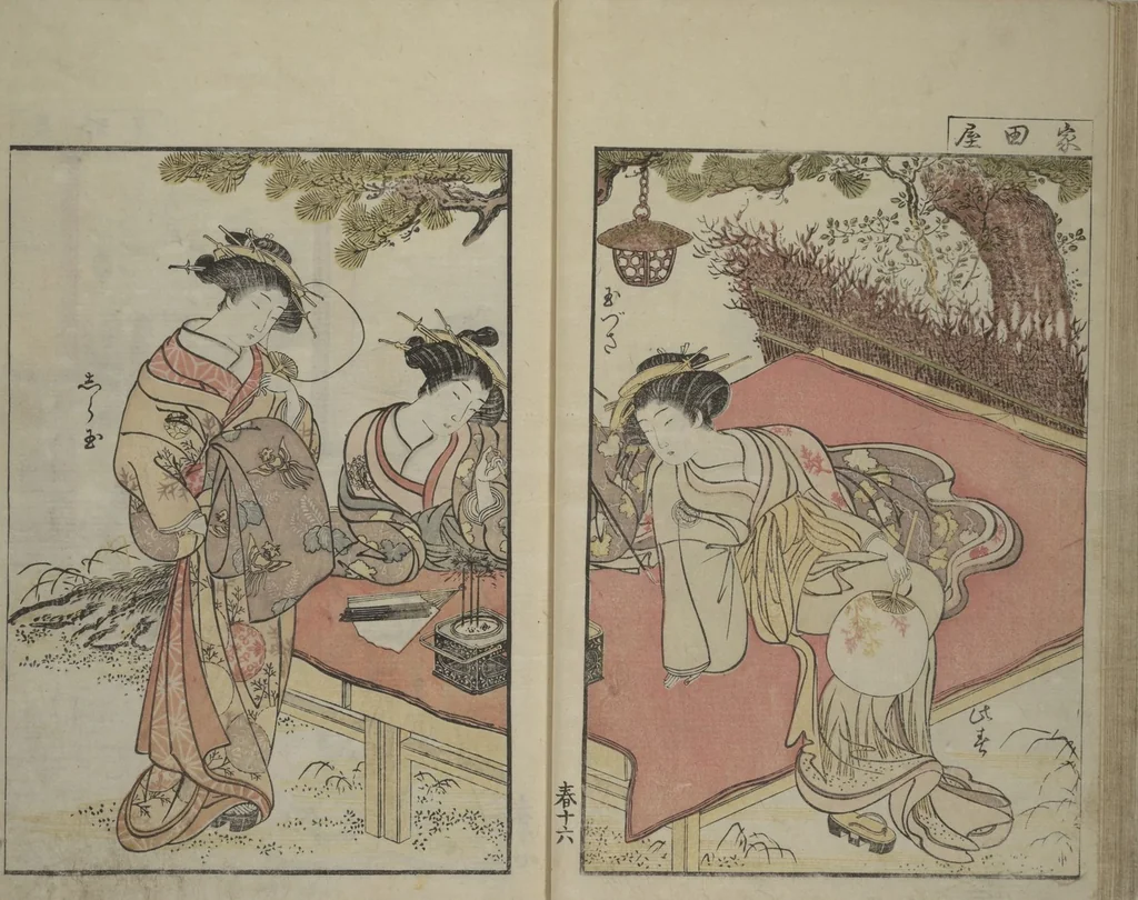 An illustration from Mirror of Yoshiwara Beauties (Seirō bijin awase sugata kagami), 1776, leaf 22