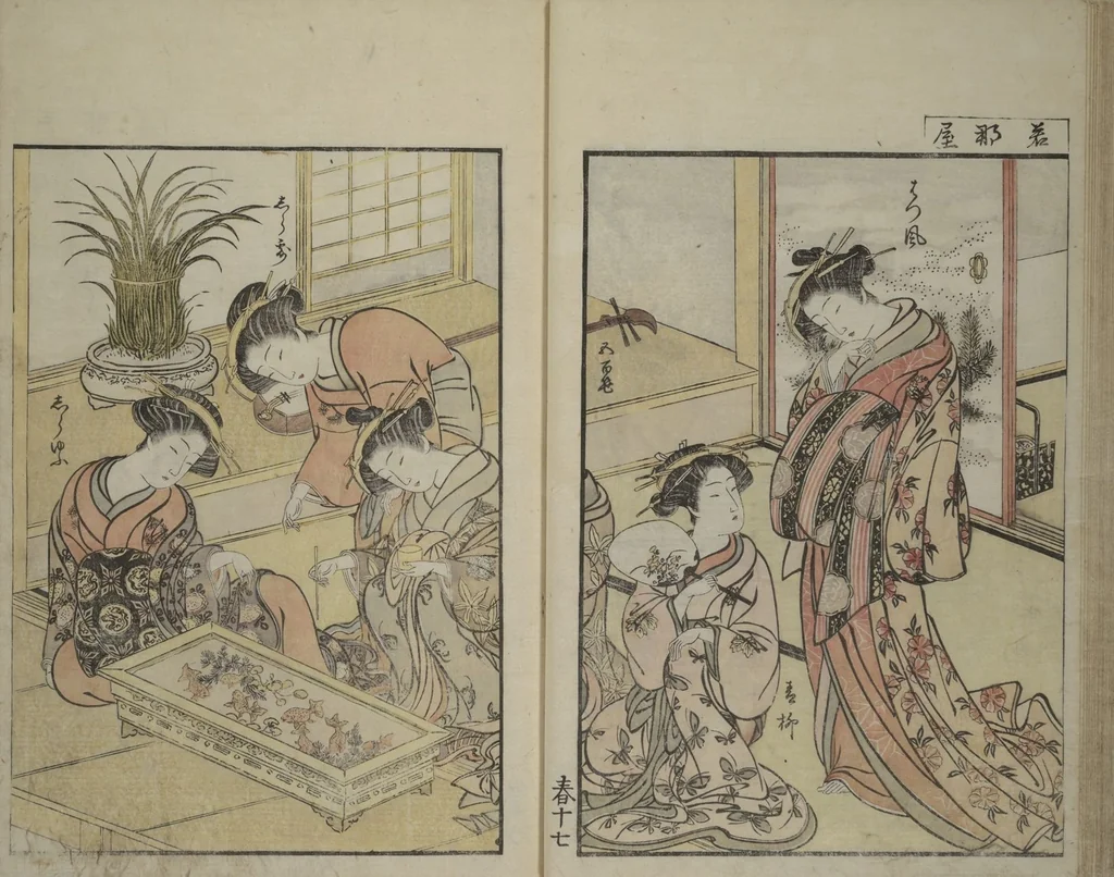 An illustration from Mirror of Yoshiwara Beauties (Seirō bijin awase sugata kagami), 1776, leaf 23