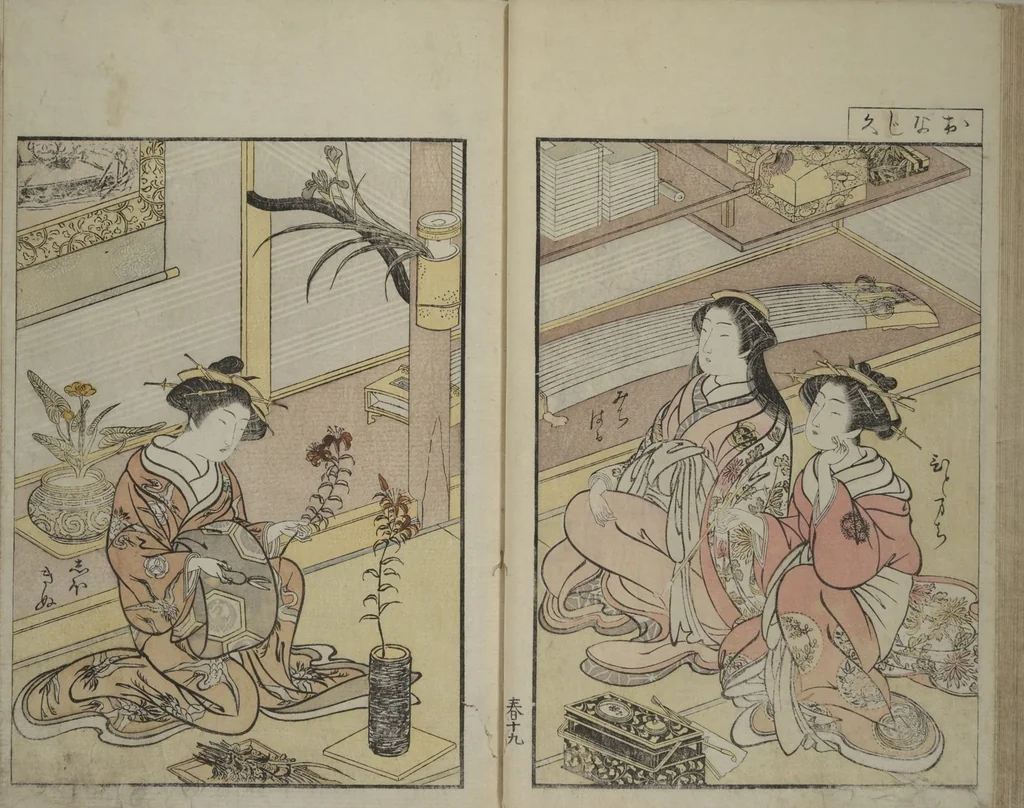 An illustration from Mirror of Yoshiwara Beauties (Seirō bijin awase sugata kagami), 1776, leaf 25