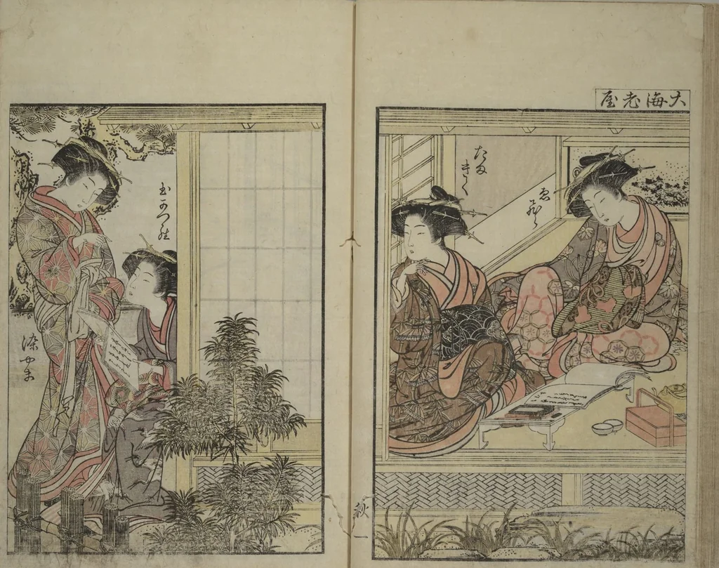 An illustration from Mirror of Yoshiwara Beauties (Seirō bijin awase sugata kagami), 1776, leaf 27