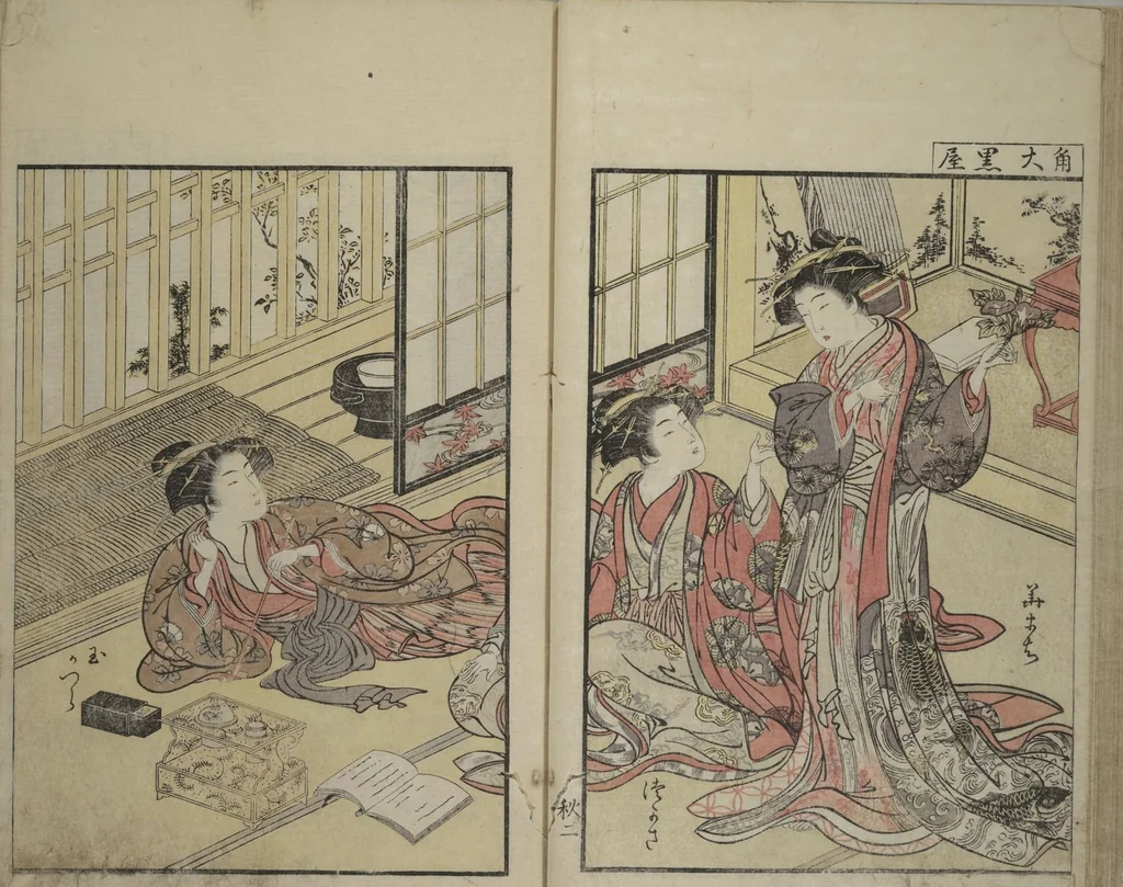 An illustration from Mirror of Yoshiwara Beauties (Seirō bijin awase sugata kagami), 1776, leaf 28