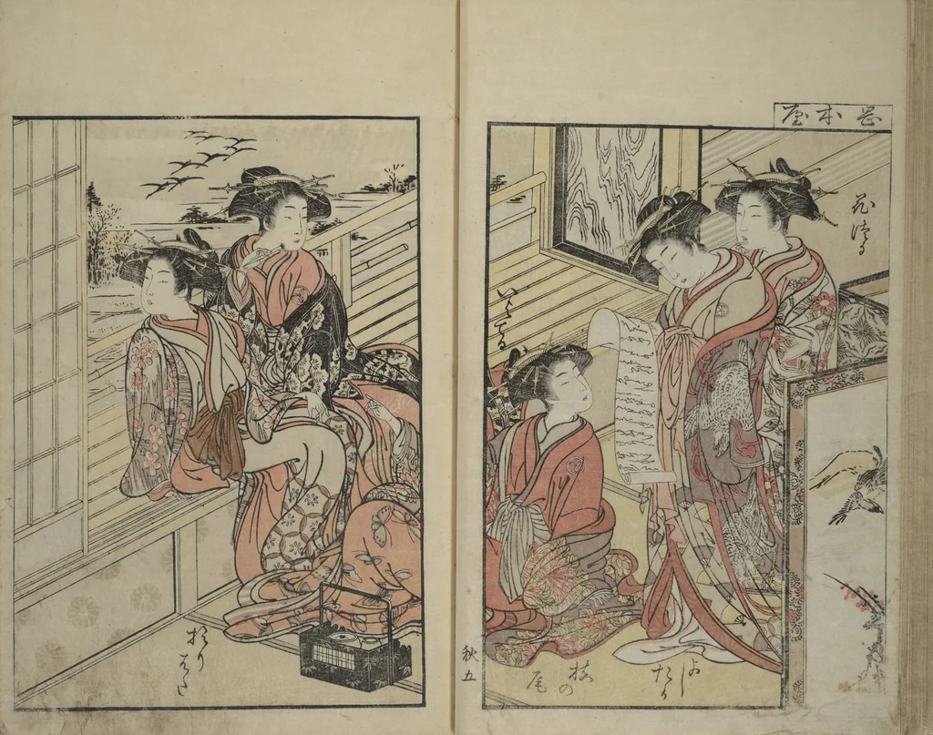 An illustration from Mirror of Yoshiwara Beauties (Seirō bijin awase sugata kagami), 1776, leaf 31