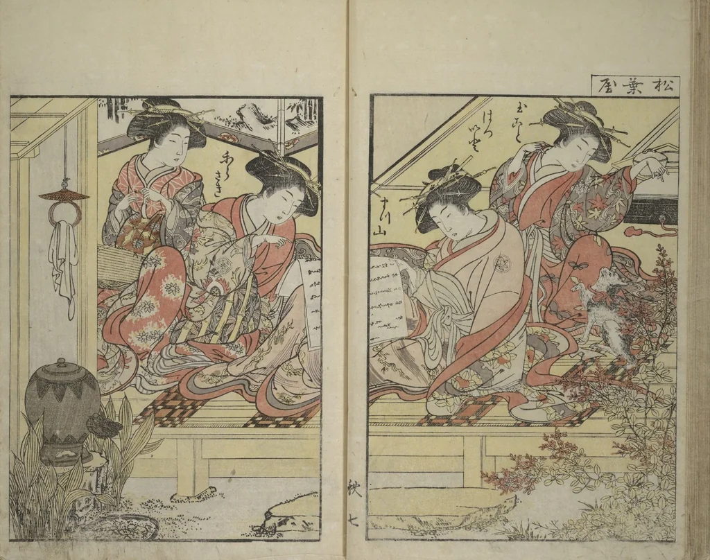 An illustration from Mirror of Yoshiwara Beauties (Seirō bijin awase sugata kagami), 1776, leaf 33