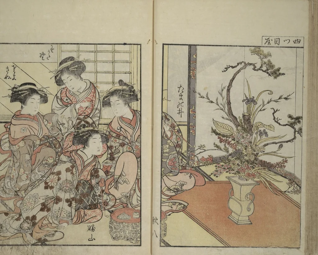 An illustration from Mirror of Yoshiwara Beauties (Seirō bijin awase sugata kagami), 1776, leaf 34