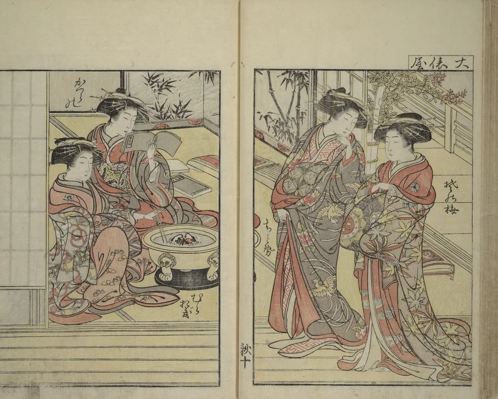 An illustration from Mirror of Yoshiwara Beauties (Seirō bijin awase sugata kagami), 1776, leaf 36