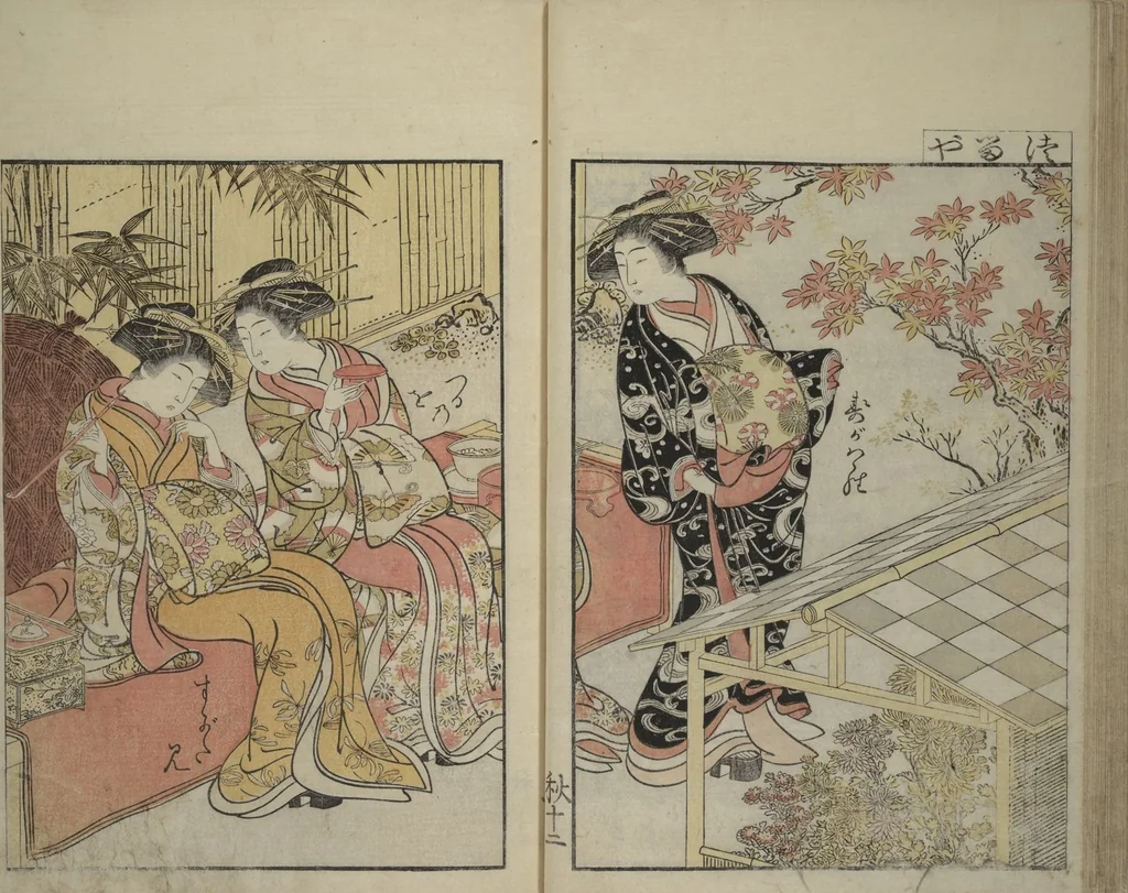 An illustration from Mirror of Yoshiwara Beauties (Seirō bijin awase sugata kagami), 1776, leaf 38