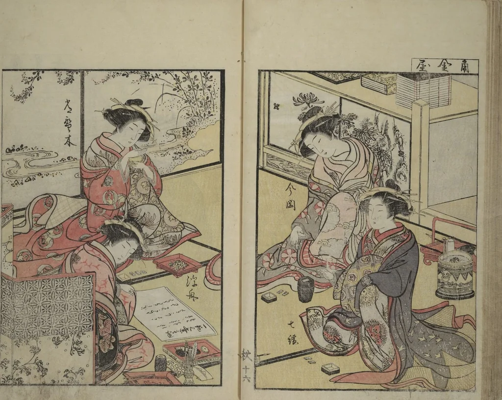 An illustration from Mirror of Yoshiwara Beauties (Seirō bijin awase sugata kagami), 1776, leaf 42