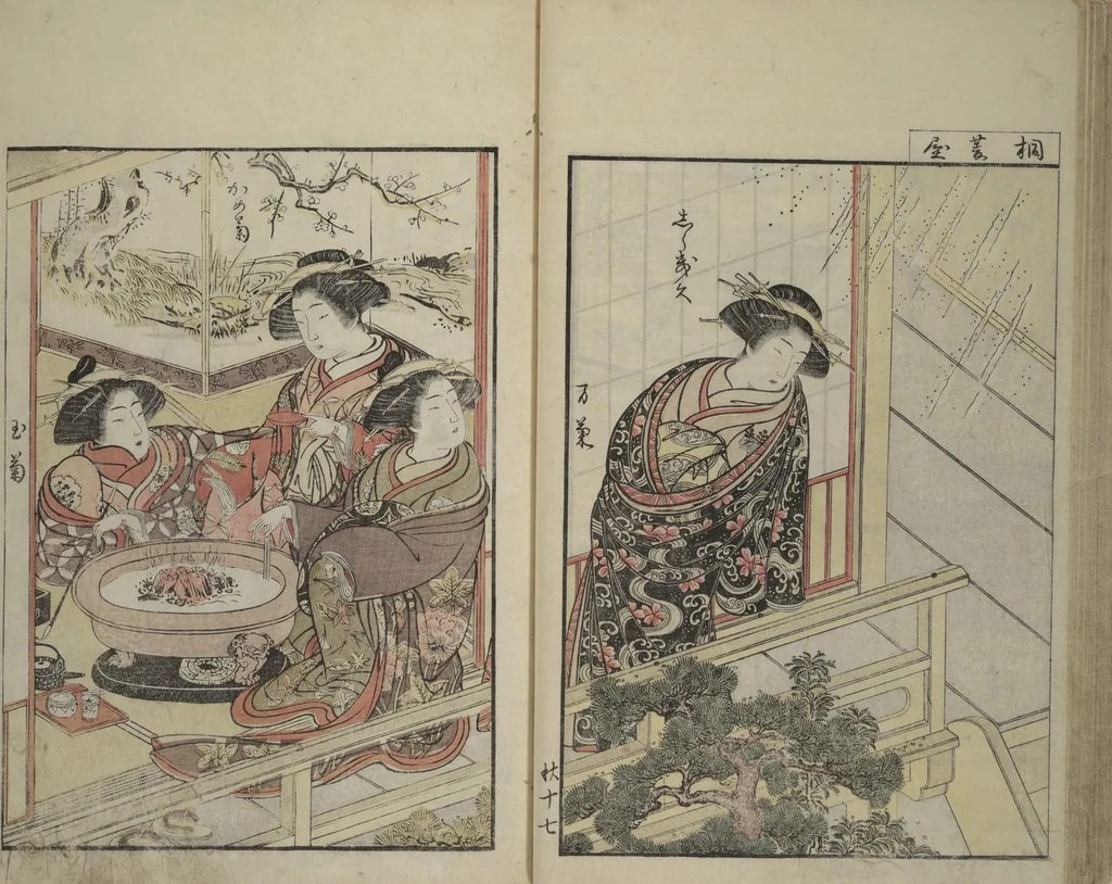 An illustration from Mirror of Yoshiwara Beauties (Seirō bijin awase sugata kagami), 1776, leaf 43
