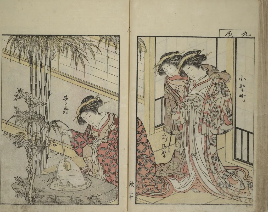 An illustration from Mirror of Yoshiwara Beauties (Seirō bijin awase sugata kagami), 1776, leaf 46