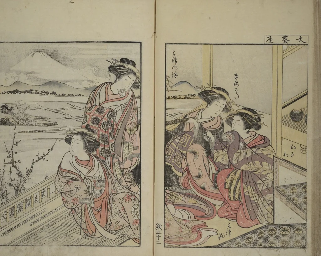 An illustration from Mirror of Yoshiwara Beauties (Seirō bijin awase sugata kagami), 1776, leaf 48