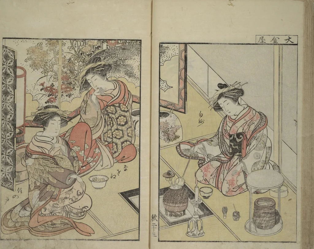 An illustration from Mirror of Yoshiwara Beauties (Seirō bijin awase sugata kagami), 1776, leaf 49
