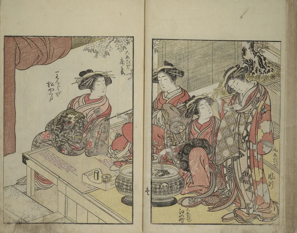 An illustration from Mirror of Yoshiwara Beauties (Seirō bijin awase sugata kagami), 1776, leaf 51