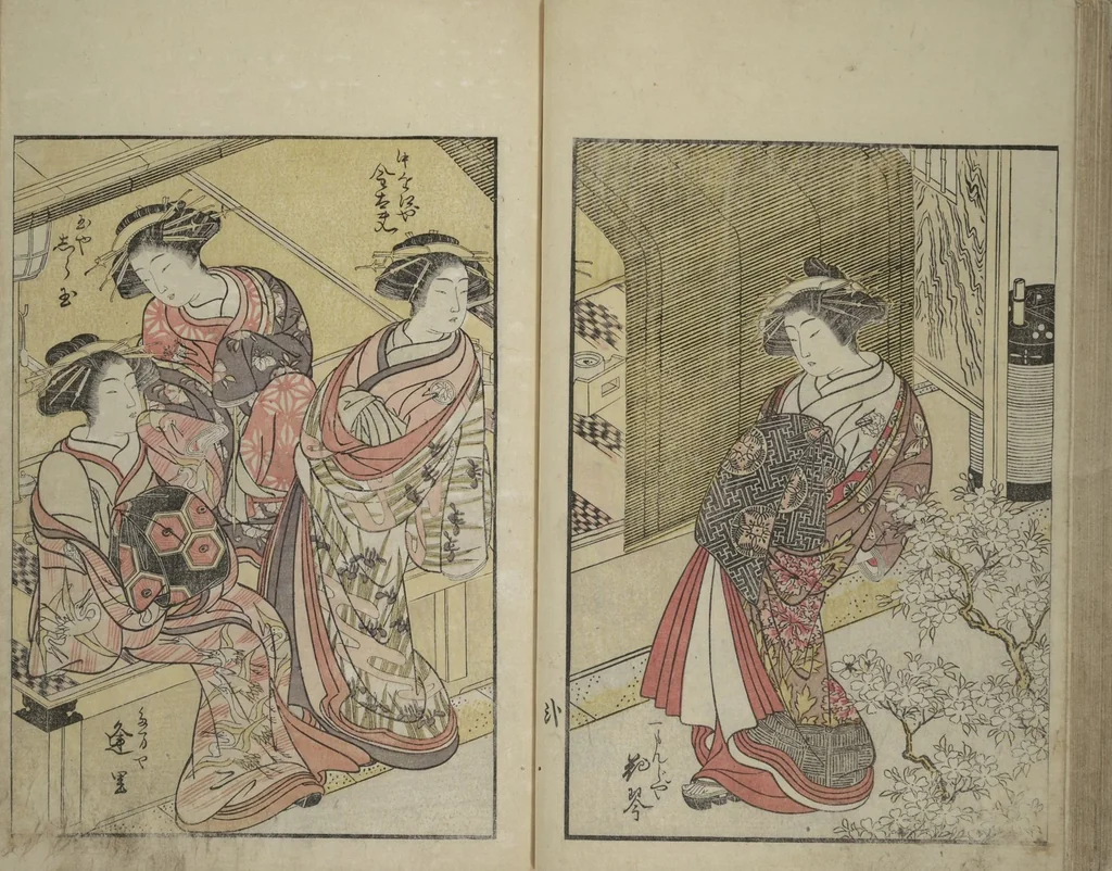 An illustration from Mirror of Yoshiwara Beauties (Seirō bijin awase sugata kagami), 1776, leaf 52