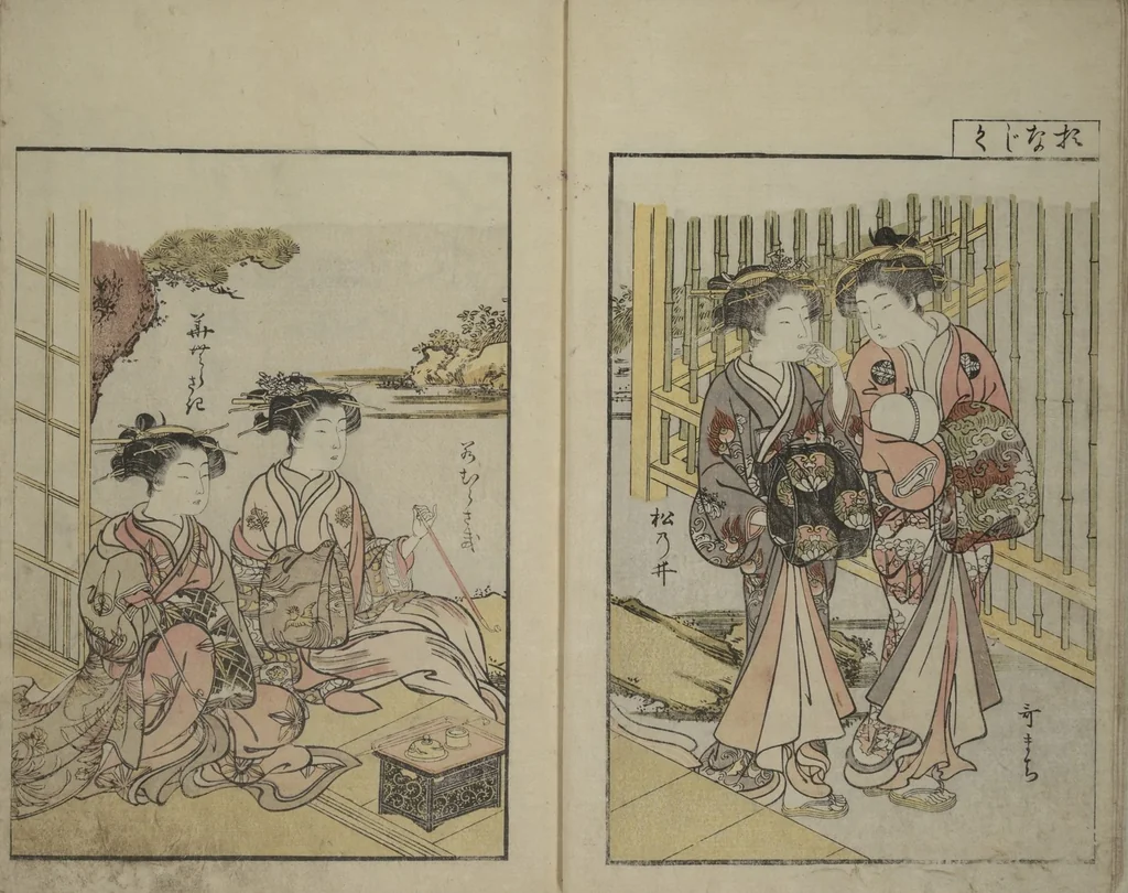 An illustration from Mirror of Yoshiwara Beauties (Seirō bijin awase sugata kagami), 1776, leaf 8