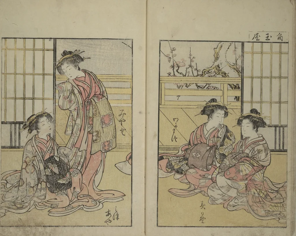 An illustration from Mirror of Yoshiwara Beauties (Seirō bijin awase sugata kagami), 1776, leaf 9
