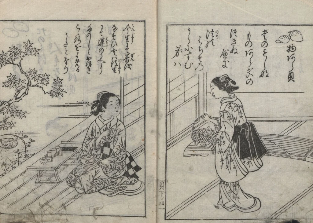 An illustration from Illustrated Poems (Ehon Kaikasen 絵本貝歌仙) : [volume 3], 1747, leaf 6