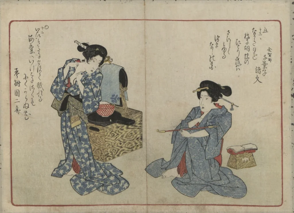 An illustration from Book of Humorous Poems "Hundred Thousand Birds" (Kyōka momochidori 狂歌百千鳥), 1830, leaf 13