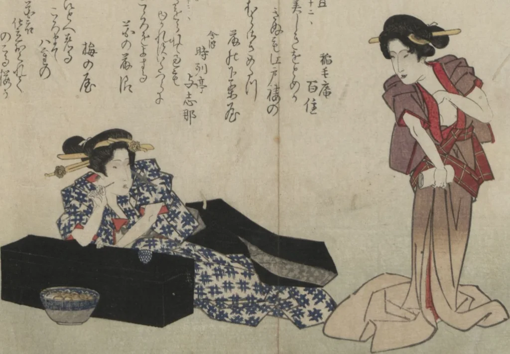 An illustration from Book of Humorous Poems "Hundred Thousand Birds" (Kyōka momochidori 狂歌百千鳥), 1830, leaf 14