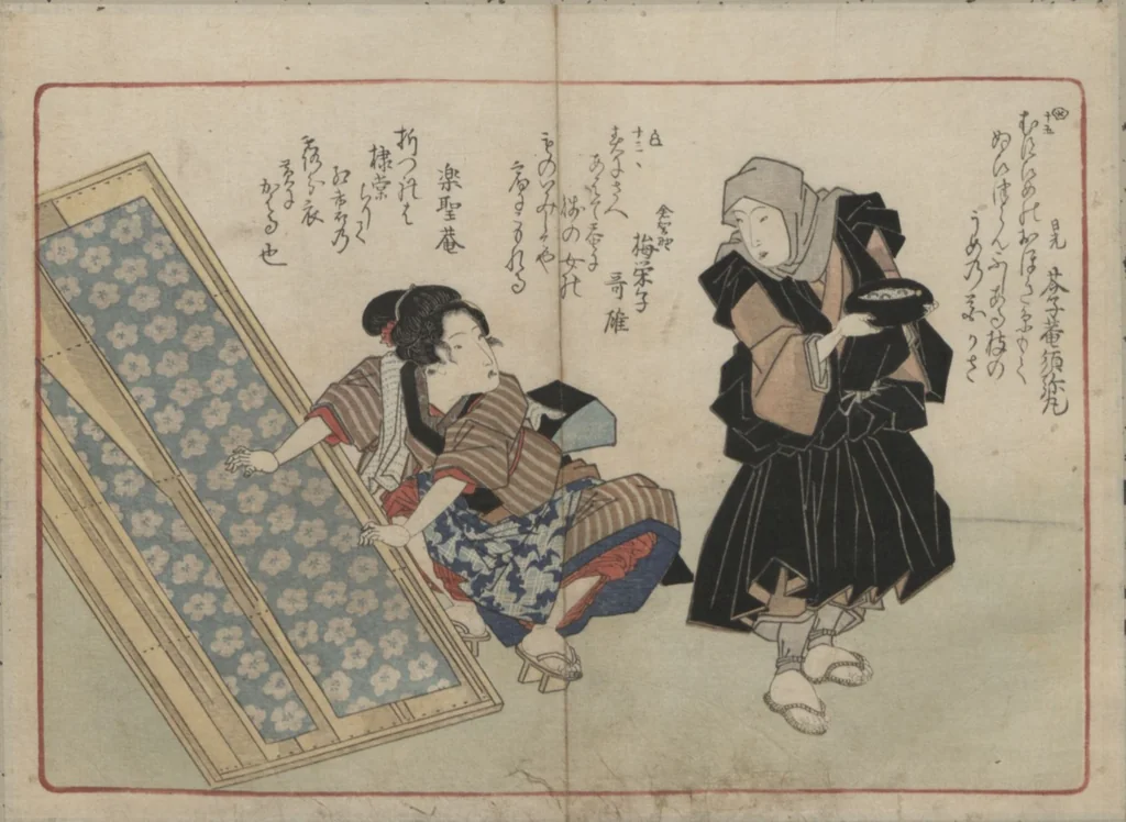 An illustration from Book of Humorous Poems "Hundred Thousand Birds" (Kyōka momochidori 狂歌百千鳥), 1830, leaf 16