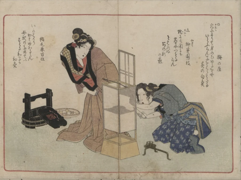 An illustration from Book of Humorous Poems "Hundred Thousand Birds" (Kyōka momochidori 狂歌百千鳥), 1830, leaf 20