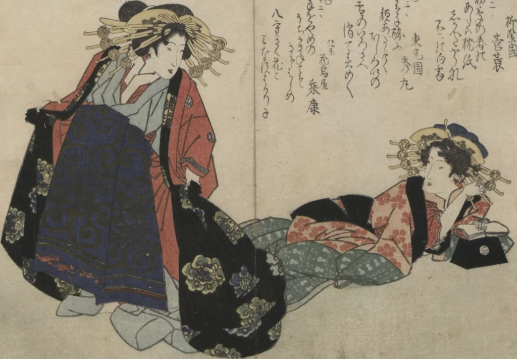 An illustration from Book of Humorous Poems "Hundred Thousand Birds" (Kyōka momochidori 狂歌百千鳥), 1830, leaf 28
