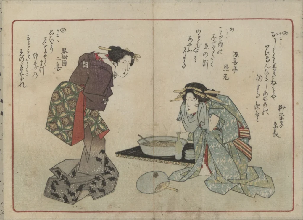 An illustration from Book of Humorous Poems "Hundred Thousand Birds" (Kyōka momochidori 狂歌百千鳥), 1830, leaf 30