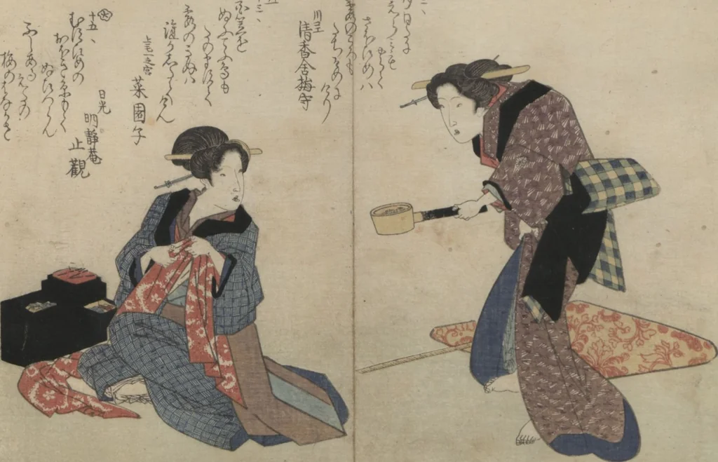 An illustration from Book of Humorous Poems "Hundred Thousand Birds" (Kyōka momochidori 狂歌百千鳥), 1830, leaf 31