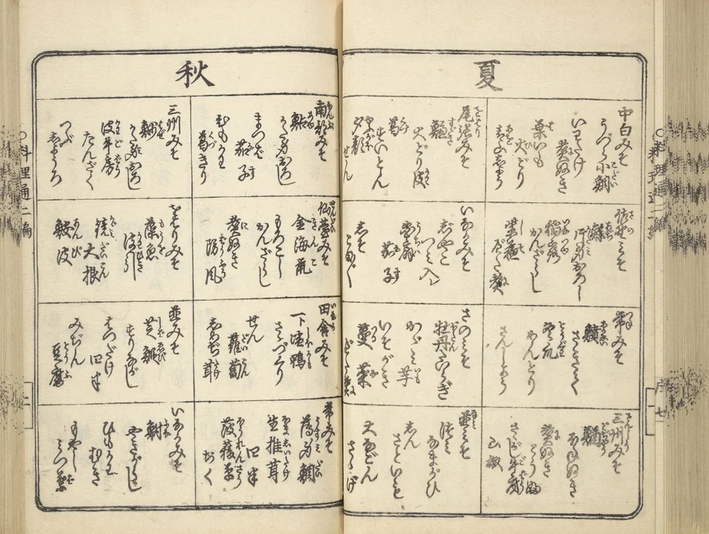 An illustration from Handbook of Fashionable Cuisine for the Epicures of Edo (Edo ryūkō ryōri tsū taizen), 1822, leaf 49
