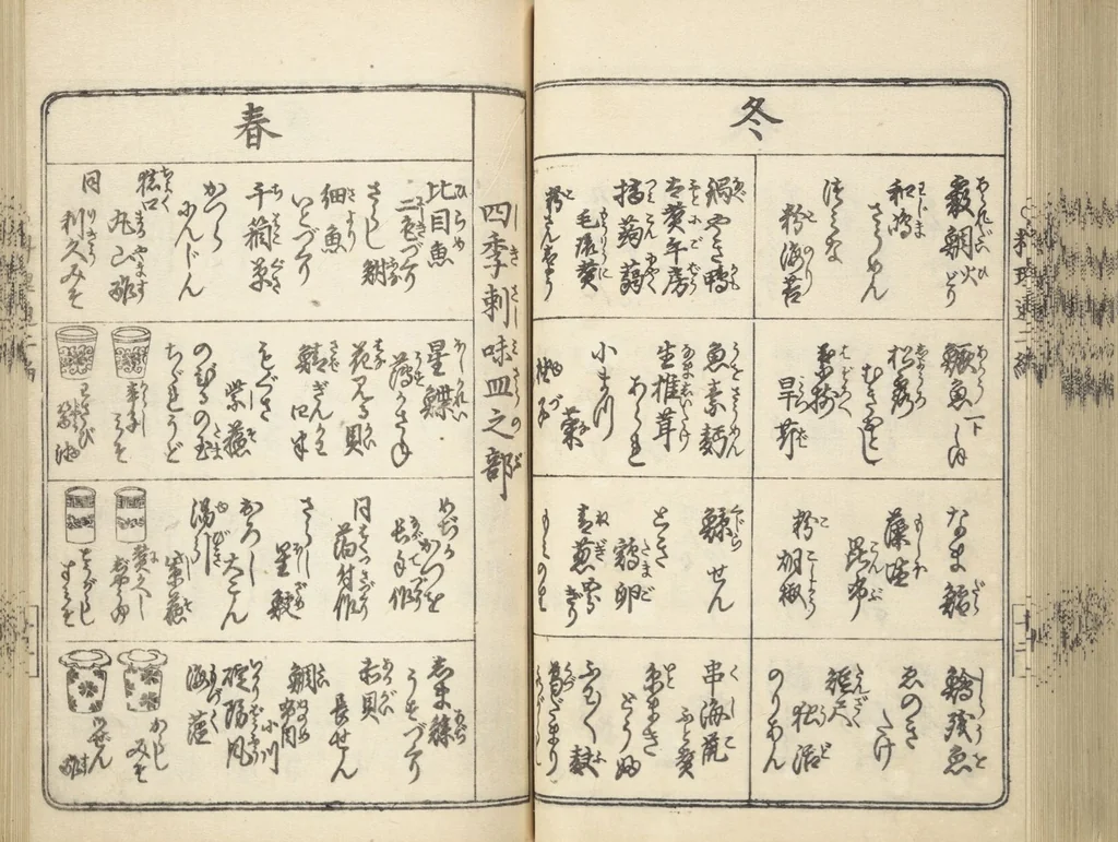 An illustration from Handbook of Fashionable Cuisine for the Epicures of Edo (Edo ryūkō ryōri tsū taizen), 1822, leaf 60