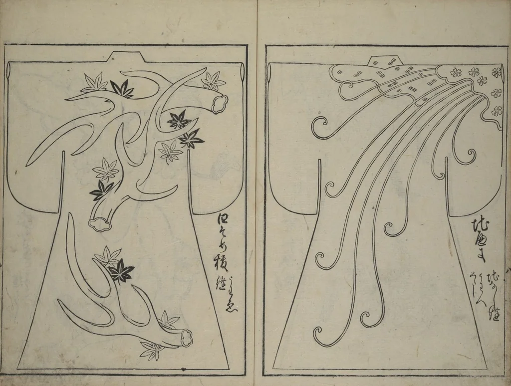 An illustration from Contemporary Kimono Patterns (Tōsei hiinagata), 1677, leaf 10