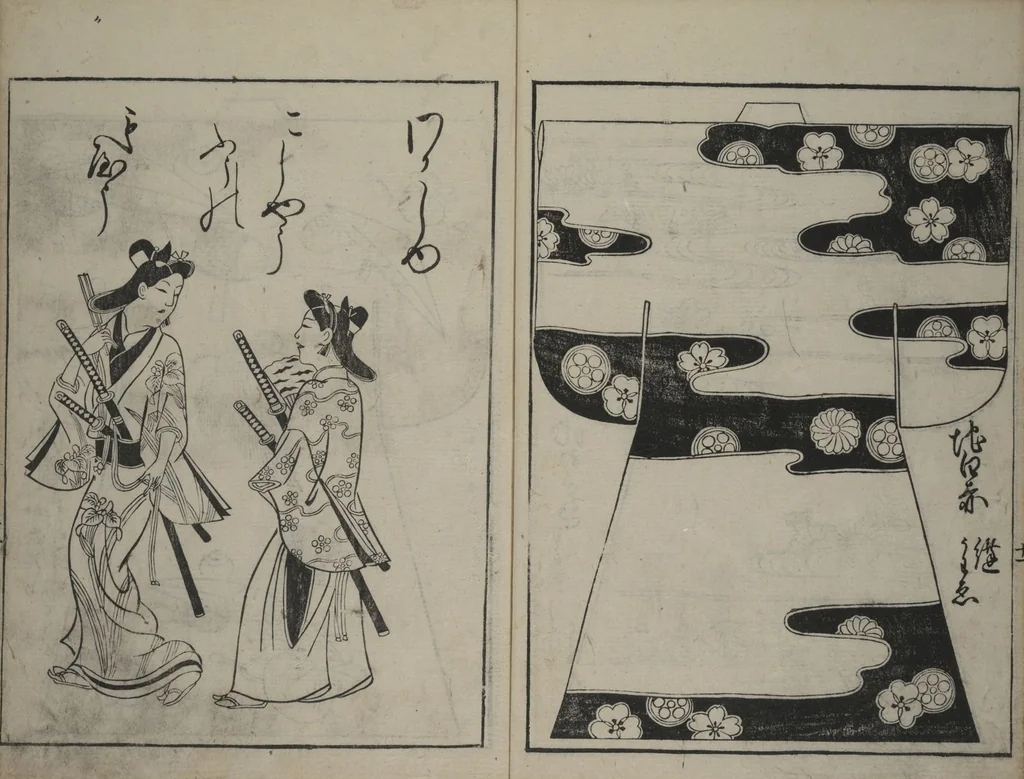 An illustration from Contemporary Kimono Patterns (Tōsei hiinagata), 1677, leaf 13