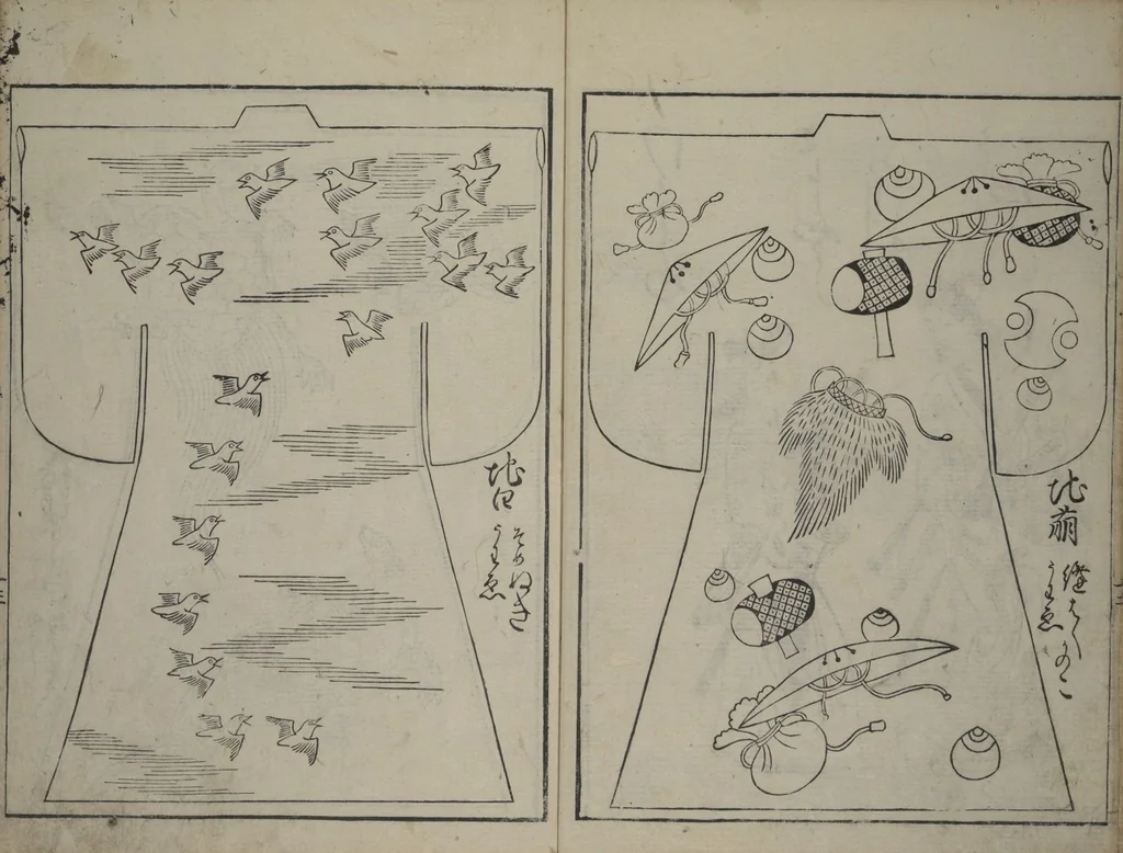 An illustration from Contemporary Kimono Patterns (Tōsei hiinagata), 1677, leaf 14