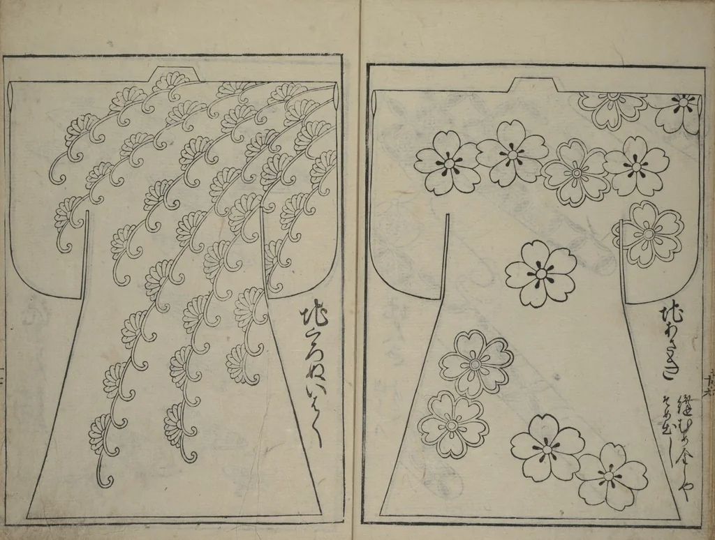 An illustration from Contemporary Kimono Patterns (Tōsei hiinagata), 1677, leaf 18