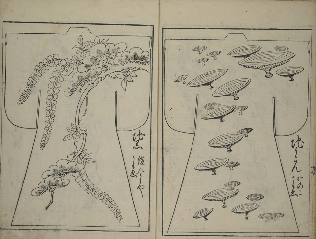 An illustration from Contemporary Kimono Patterns (Tōsei hiinagata), 1677, leaf 19