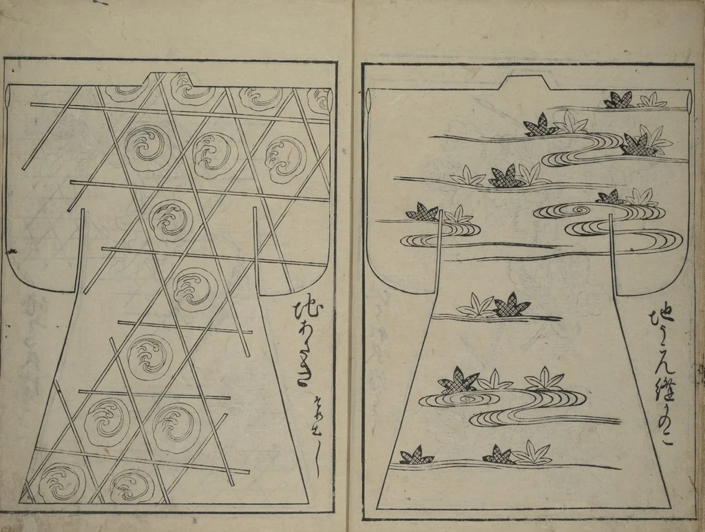 An illustration from Contemporary Kimono Patterns (Tōsei hiinagata), 1677, leaf 23