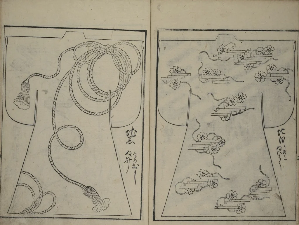 An illustration from Contemporary Kimono Patterns (Tōsei hiinagata), 1677, leaf 5