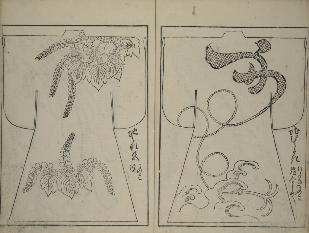 An illustration from Contemporary Kimono Patterns (Tōsei hiinagata), 1677, leaf 9