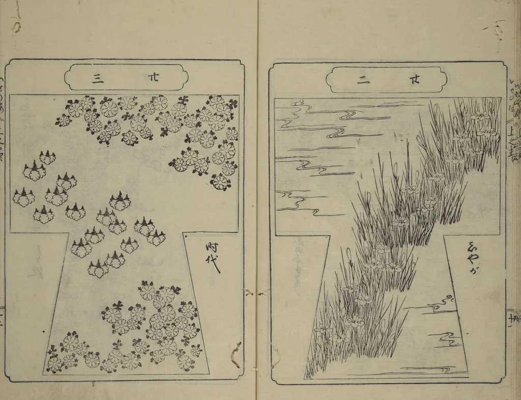 An illustration from Book of Kosode Patterns (Hiinagata Ise no umi), 1751, leaf 14